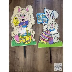 Vintage 2000 Easter Bunny Yard Art Stakes Set of 2 Impact Plastics 36”
